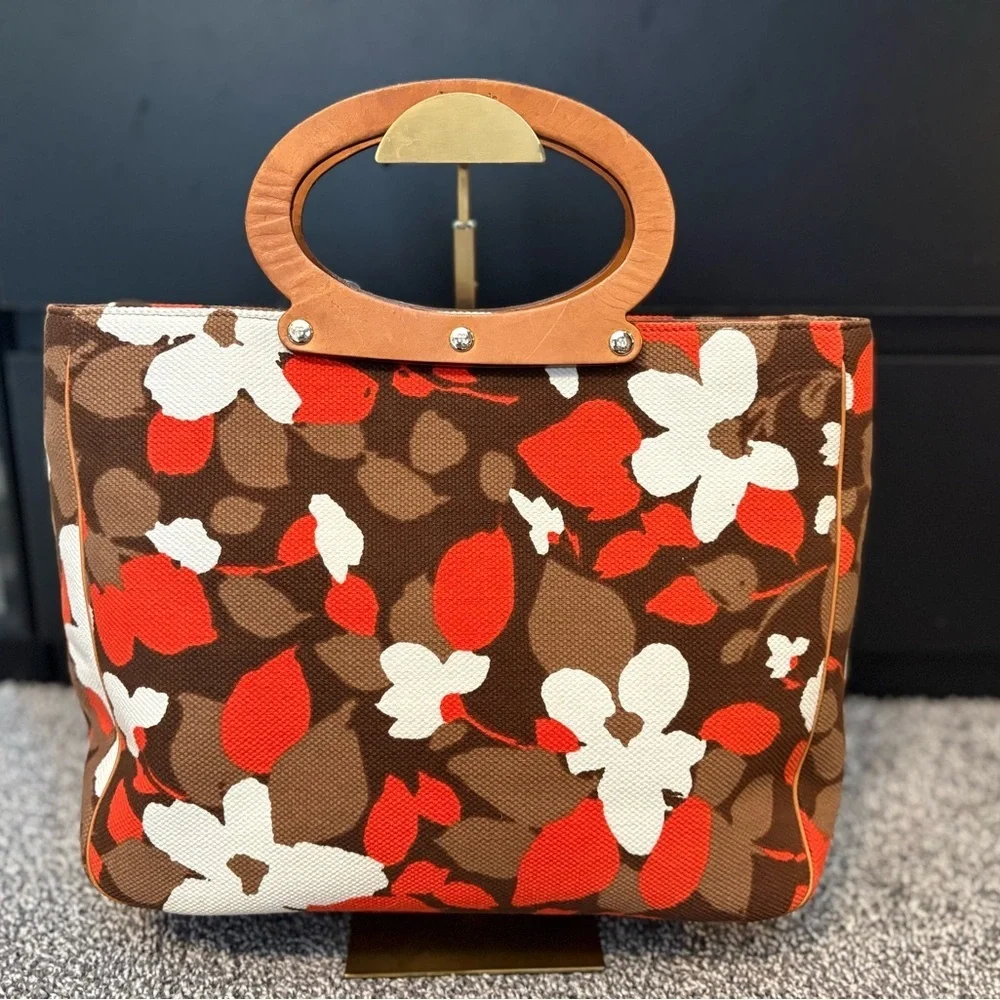 kate spade vintage Brown Orange Cream Floral Canvas Tote with Leather handles!